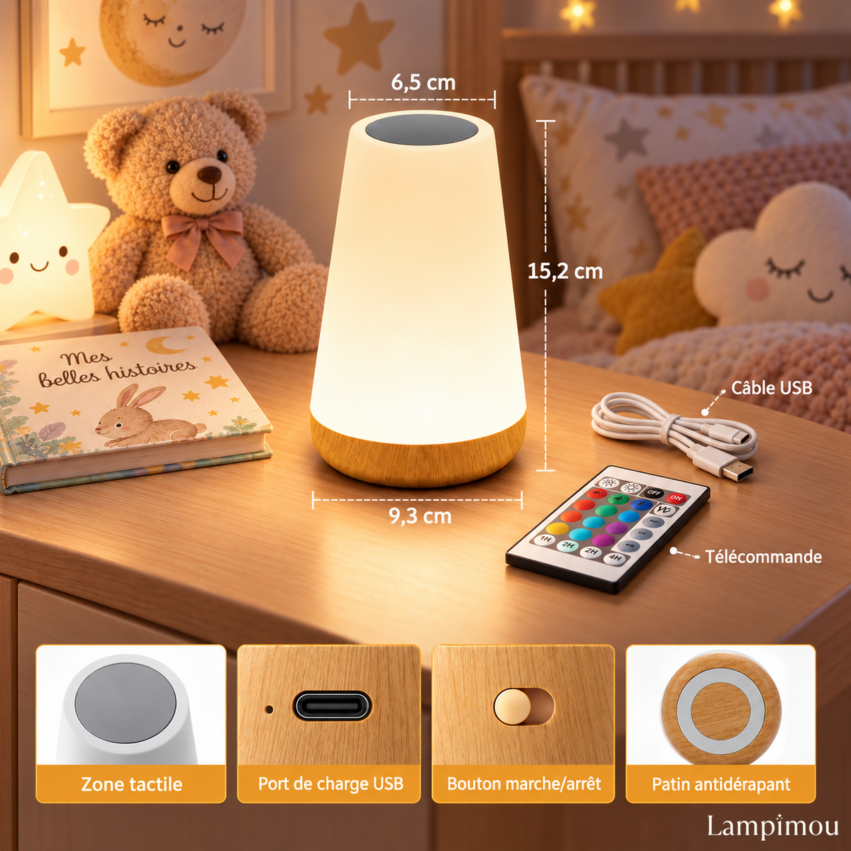 Lampe Veilleuse Tactile & Rechargeable + Télécommande