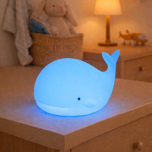 Veilleuse Baleine Enfant et Bébé Lampimou lumière bleue qui éclaire une chambre d'enfant. Ambiance apaisante.