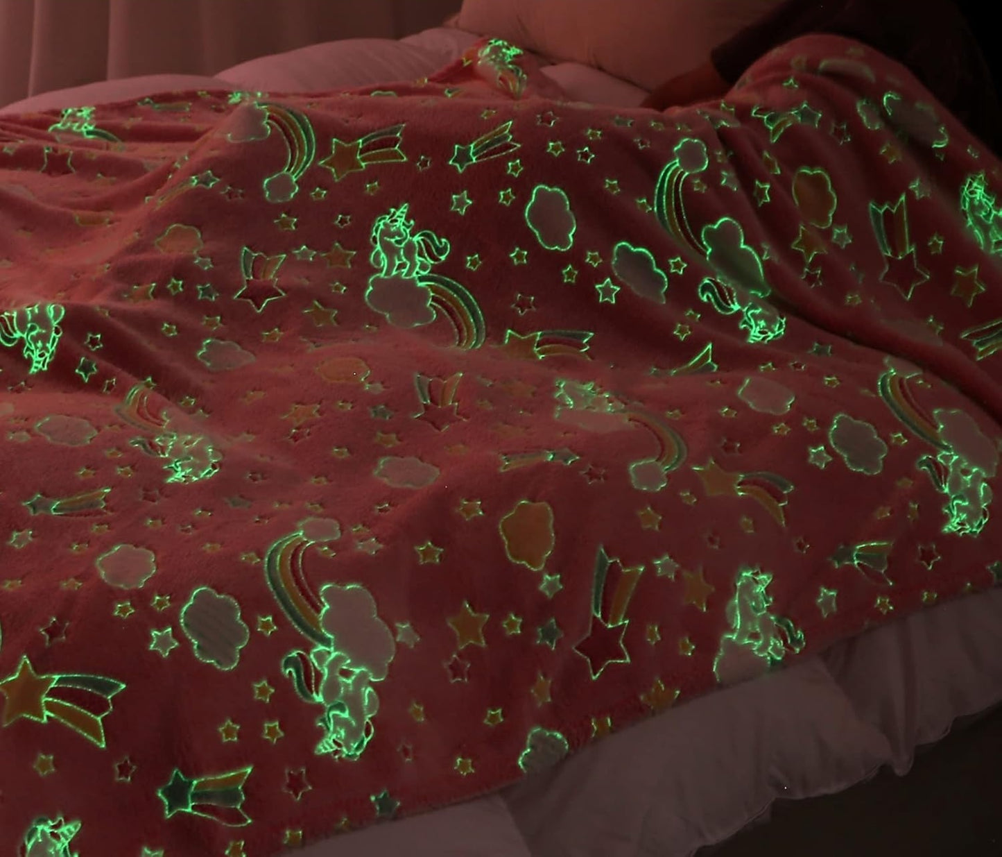 Couverture Plaid Phosphorescent Licorne Rose