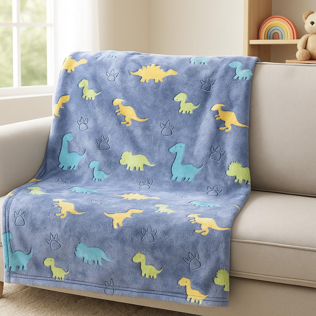 Couverture Plaid Phosphorescent Dinosaure Bleu