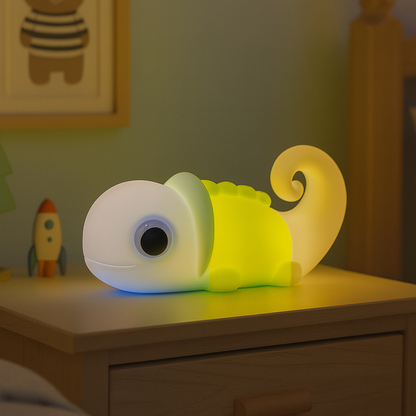 veilleuse caméléon bleue et verte pour enfant posé sur la table de chevet d'une chambre de garçon