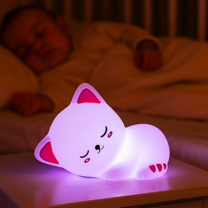 Bébé qui dort paisiblement grâce à la veilleuse chat diffusant une lumière rose.