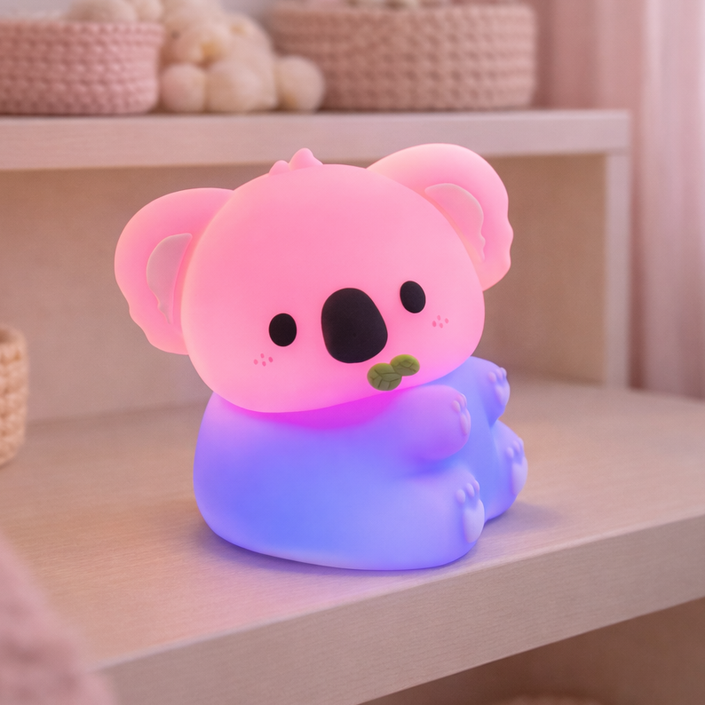 Veilleuse Koala multicolore diffusant une lumière rose et violette dans une chambre de petite fille.
