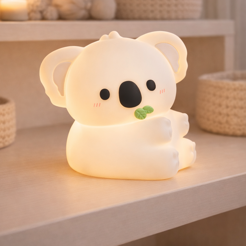 Veilleuse Koala posée sur une étagère, illuminant une chambre d'enfant.