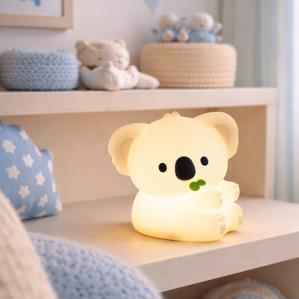 Veilleuse Koala Lampimou illuminée, posée dans une chambre de bébé garçon à la décoration bleue et beige.