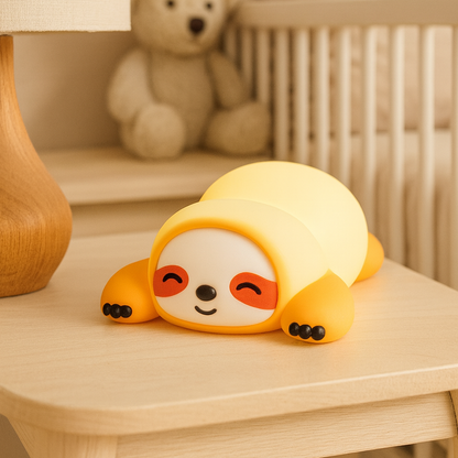 veilleuse paresseux pour bébé posé à côté du lit à barreaux sur la table de chevet