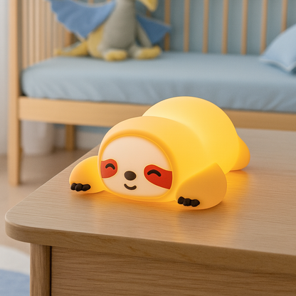 Veilleuse Paresseux Lampimou pour bébé et enfant, posée sur la table de chevet dans la chambre d'un petit garçon à la décoration bleue et marron.