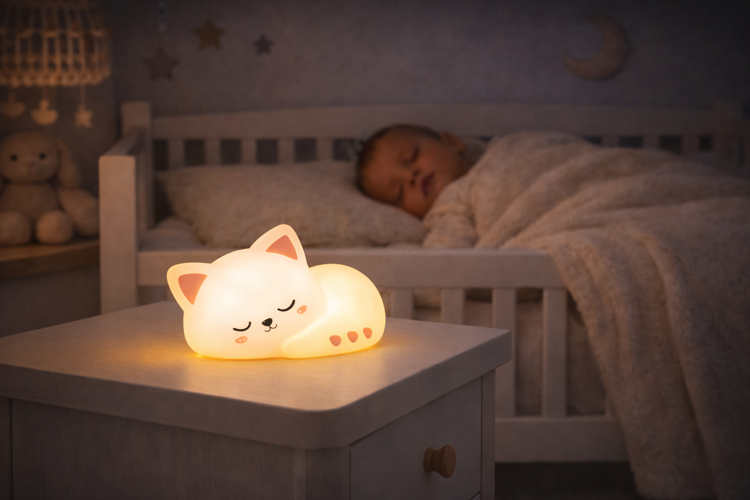 Veilleuse chat Lampimou avec bébé qui dort paisiblement