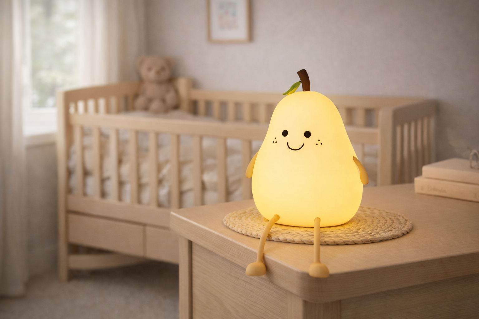 Veilleuse poire Lampimou posée sur une commode dans une chambre de bébé à la décoration cosy