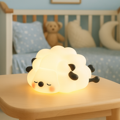 veilleuse mouton blanc et noir avec lumière chaude qui illumine la chambre d'enfant
