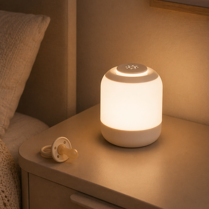 lampe veilleuse tactile rechargeable posée sur la table de chevet de maman, qui illumine doucement le lit.