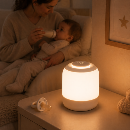 lampe veilleuse tactile rechargeable qui éclaire avec douceur la maman en train de donner le biberon à son bébé.