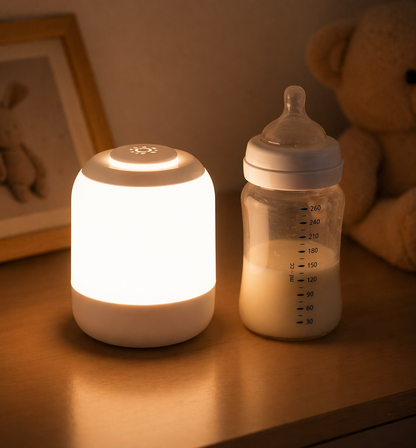 lampe veilleuse tactile rechargeable posée à côté du biberon pour bébé et qui éclaire doucement la chambre de bébé.