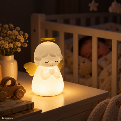 veilleuse ange illuminée avec bébé qui dort paisiblement dans son berceau