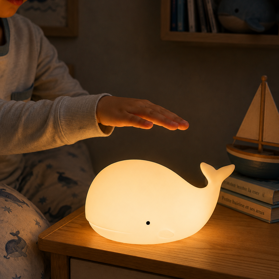 veilleuse baleine prête à être allumée par un enfant, posée dans sa chambre sur la table de chevet
