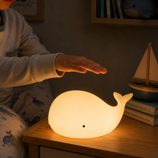 veilleuse baleine prête à être allumée par un enfant, posée dans sa chambre sur la table de chevet