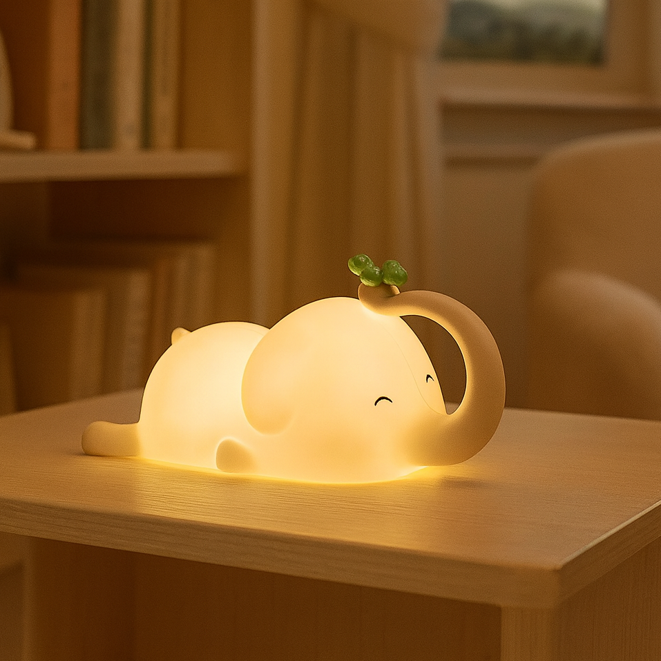 Veilleuse éléphant nomade et rechargeable qui diffuse une lumière chaude.