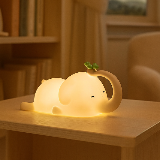 Veilleuse éléphant nomade et rechargeable qui diffuse une lumière chaude.