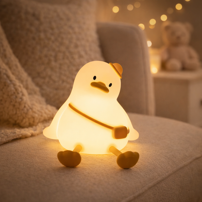 veilleuse bébé oie dans une chambre cosy beige illuminée
