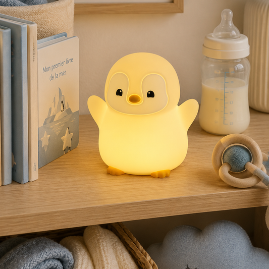 veilleuse pingouin dans une chambre de bébé décorée en bleu