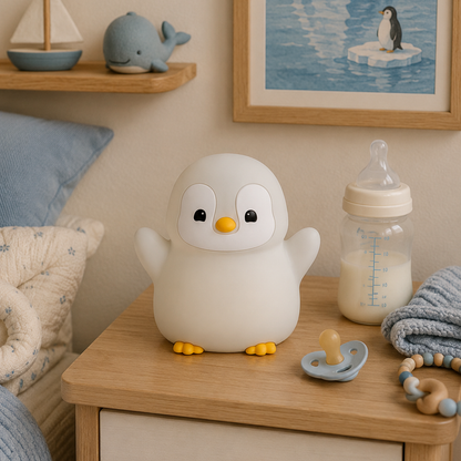 veilleuse pingouin pour enfant ou bébé, posée sur la table de chevet dans la chambre décorée en bleu style marin