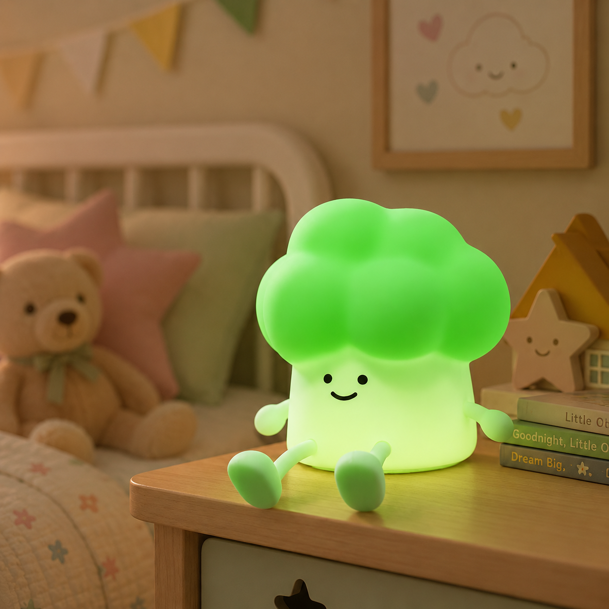veilleuse brocoli pour enfant posée sur la table de chevet dans la chambre d'une petite fille.