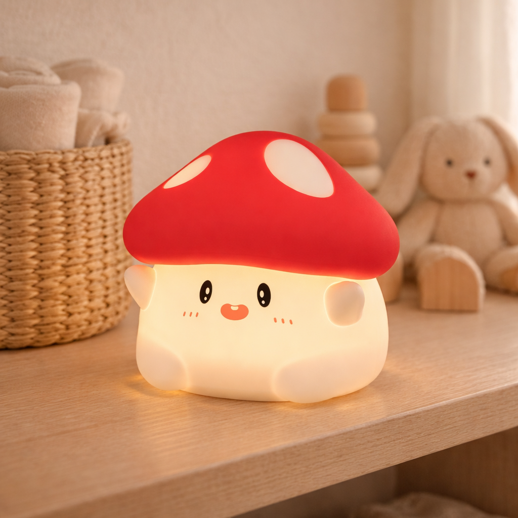 veilleuse champignon rouge et blanc posé sur une commode dans une chambre de bébé