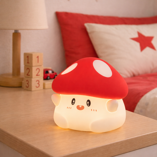 veilleuse champignon rouge et blanc posée sur la table de chevet devant le lit d'un enfant. chambre à la décoration rouge