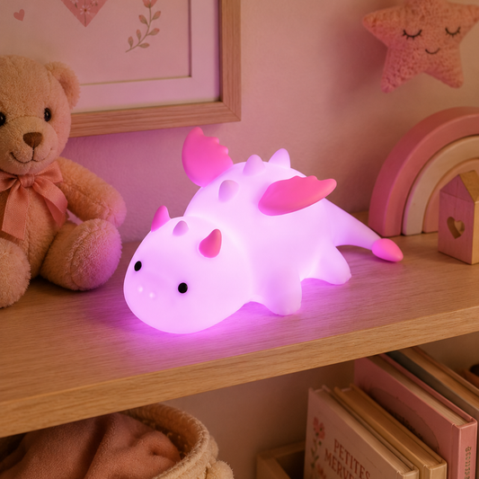 veilleuse dragon multicolore pour enfant qui s'éclaire en rose et violet