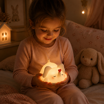 petite fille en pyjama qui tient sa veilleuse éléphant dans les mains avant de s'endormir