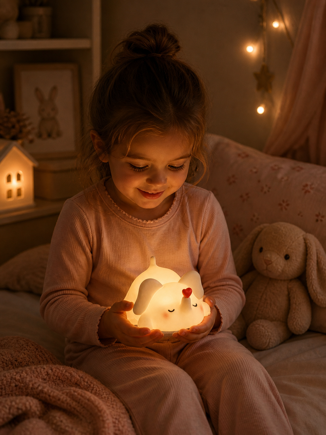 petite fille en pyjama qui tient sa veilleuse éléphant dans les mains avant de s'endormir