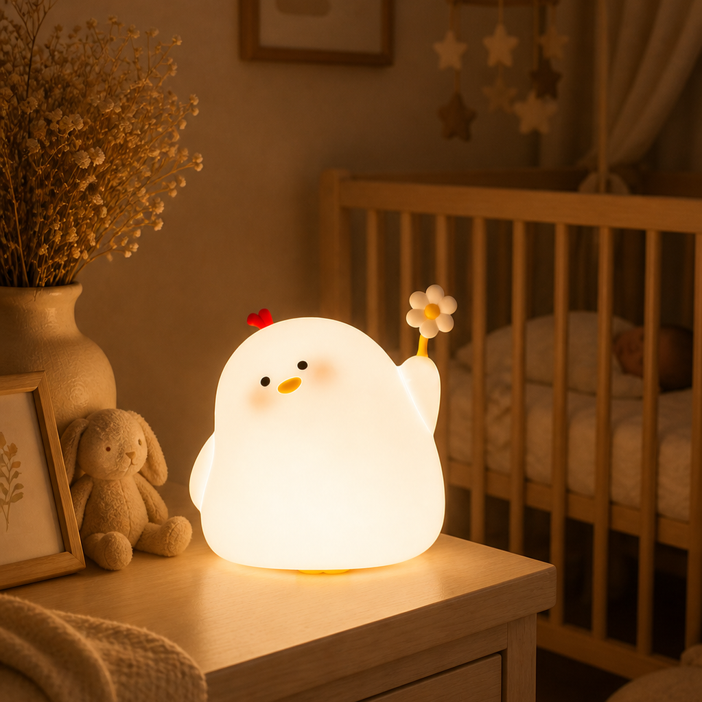 veilleuse poulette qui illumine la chambre de bébé, posée sur la table de chevet à côté du lit barreau