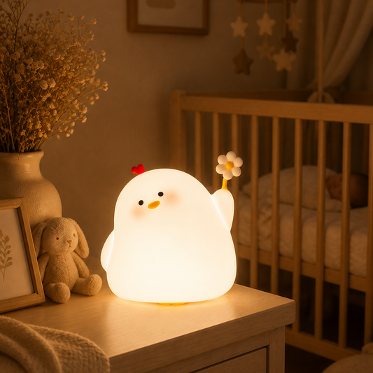 veilleuse poulette qui illumine la chambre de bébé, posée sur la table de chevet à côté du lit barreau