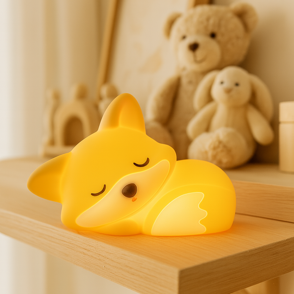 Veilleuse renard posée sur étagère dans chambre de bébé pour apaiser les nuits et aider à l'endormissement