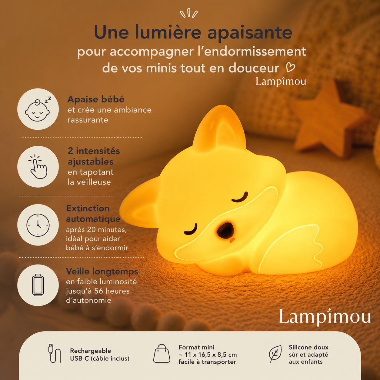 avantages et bénéfices de la veilleuse renard pour bébé Lampimou