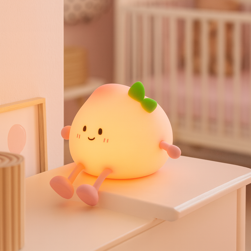 Veilleuse Pêche bébé ou enfant Lampimou diffusant une lumière douce dans la chambre rose de bébé fille.