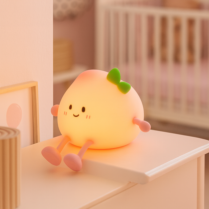 Veilleuse Pêche bébé ou enfant Lampimou diffusant une lumière douce dans la chambre rose de bébé fille.